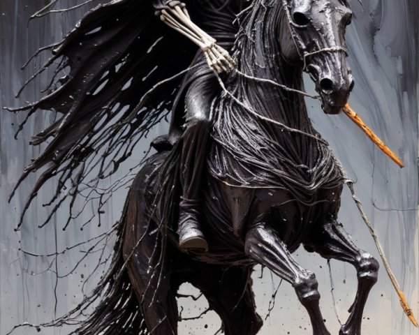 Skeletal Figure on Black Horse in Dramatic Artwork