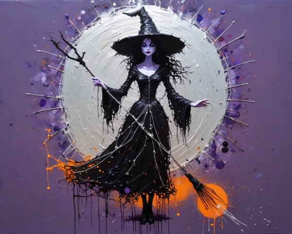 Mystical Witch in Black Gown Against Purple Background