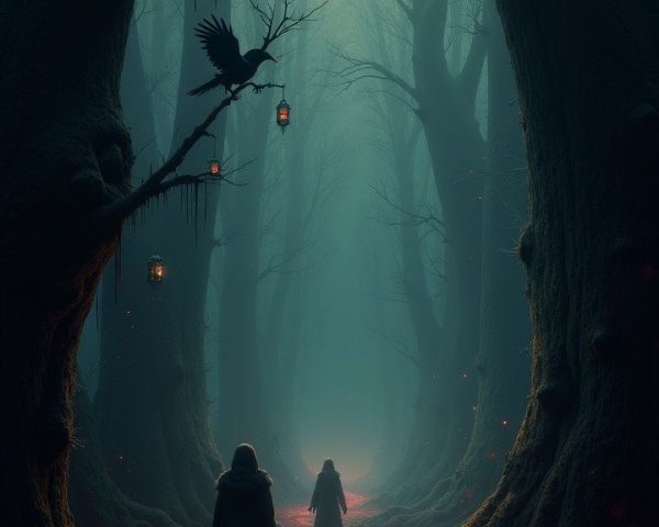 Mystical forest with eerie lanterns and glowing moss