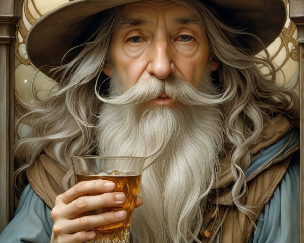 Wise Wizard in Ornate Archway with Golden Drink