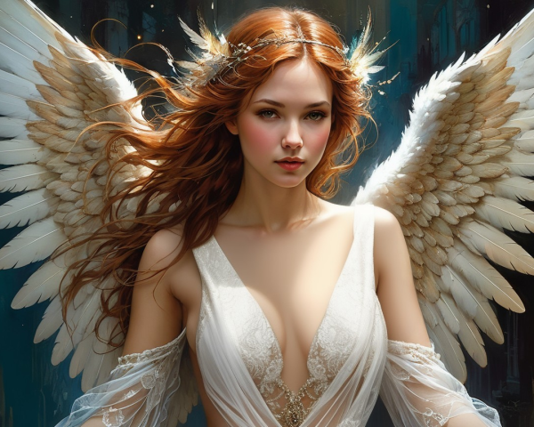 Angelic Figure with Shimmering Wings and White Gown