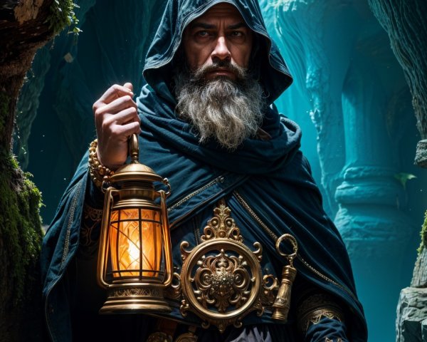 Cloaked Figure in Mystical Cavern with Lantern