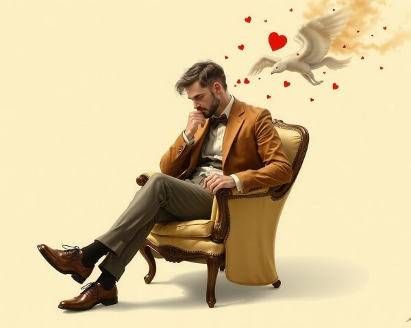 Contemplative man in vintage armchair with dove above