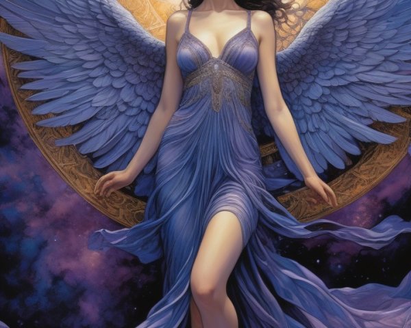 Majestic figure with wings in cosmic backdrop