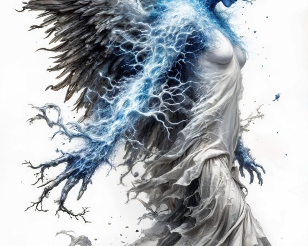 Ethereal figure with wings and glowing blue eyes
