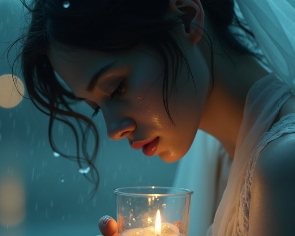 Young Woman with Candle in Rainy Ethereal Setting