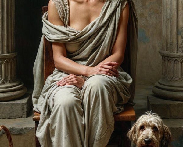 Young woman in classical attire with dog and fruits