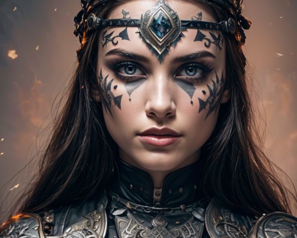 Female warrior in dark armor with ornate crown