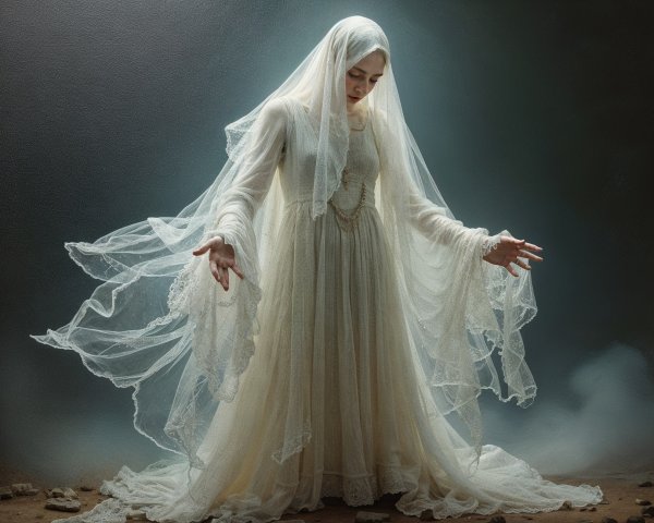 Ethereal Figure in Flowing White Gown with Veil