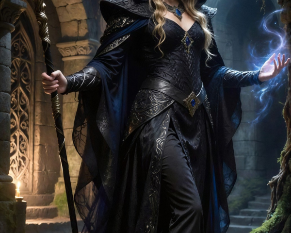 Fantasy Female Wizard in Magical Forest Ruins