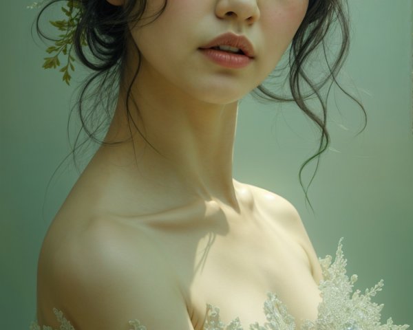 Young woman in pastel green gown with floral crown