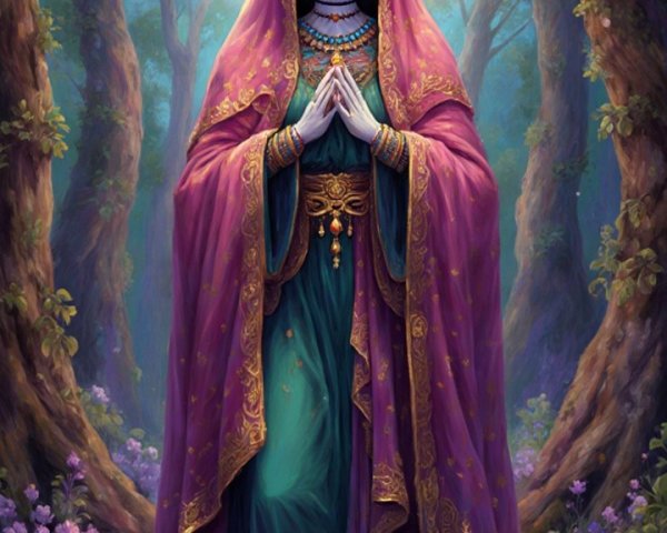 Mystical Figure in Vibrant Forest with Moonlight