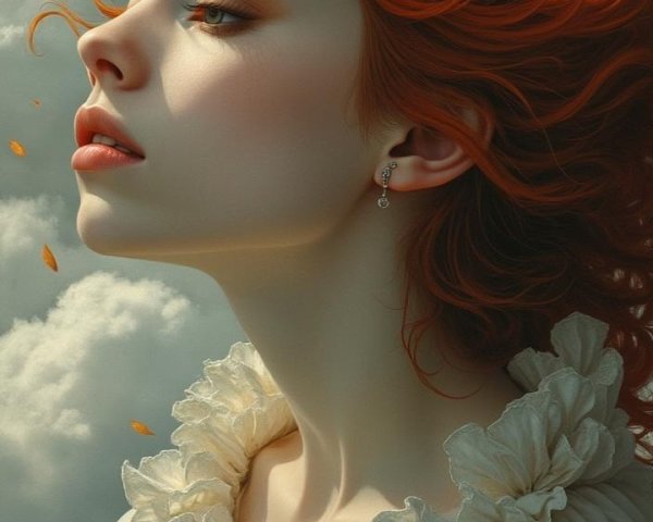 Portrait of a young woman with red hair and clouds