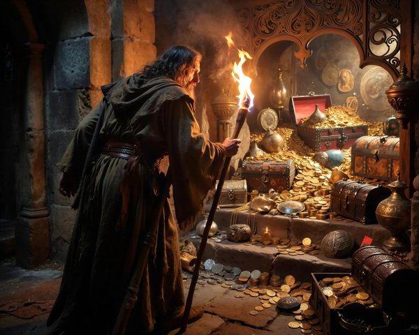 Medieval Cavern with Treasure and Glowing Torch