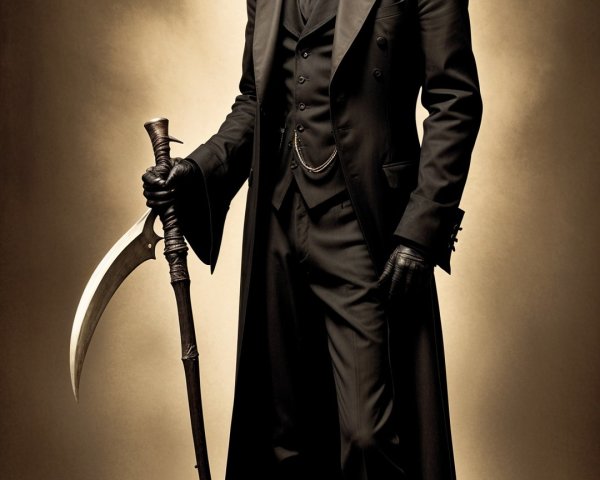 Elegant Figure in Dark Suit with Scythe and Hood