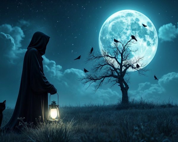 Cloaked Figure with Lantern in Mystical Nightscape