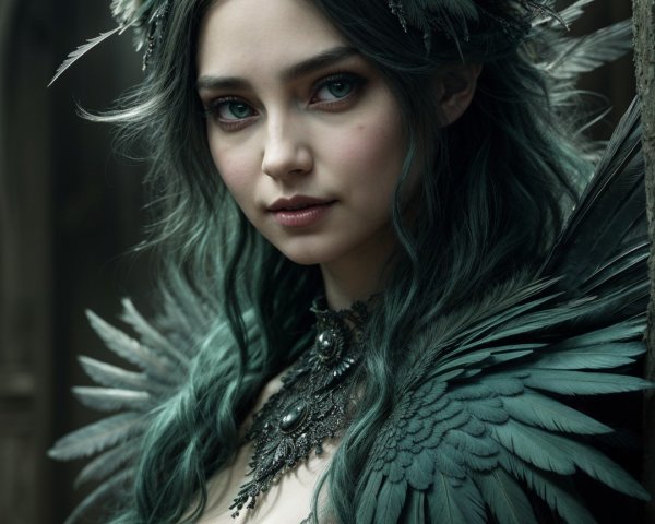 Elegant figure in dark attire with green hair and feathers