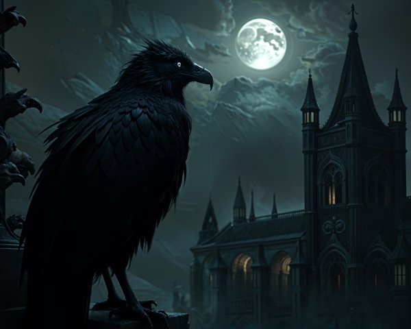 Black Raven Overlooks Gothic Landscape at Night