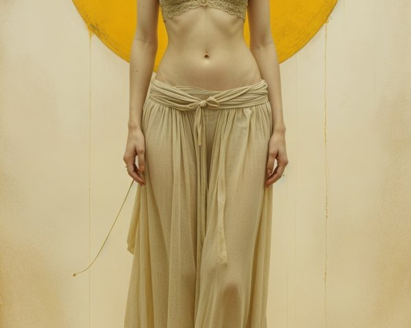 Elegant Figure in Sheer Skirt Against Warm Background