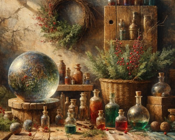 Rustic Apothecary Scene with Colorful Bottles and Greenery