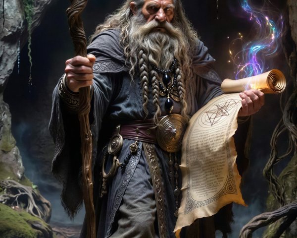 Full-body portrait of an old man in a cave setting