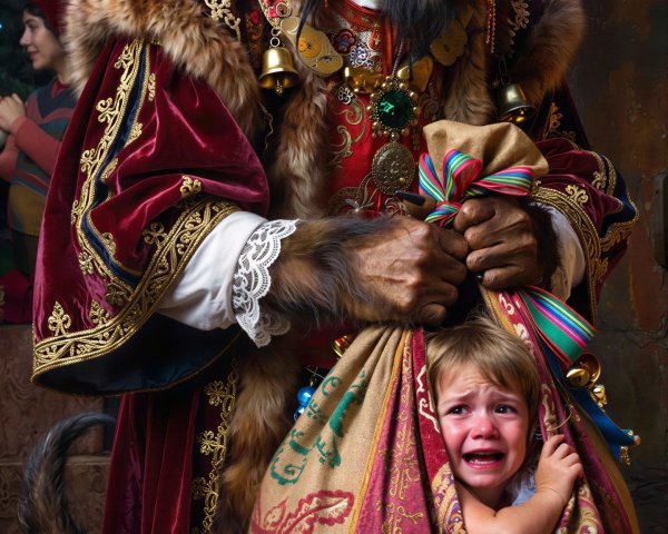 Krampus in Red Velvet Robe with Child in Sack