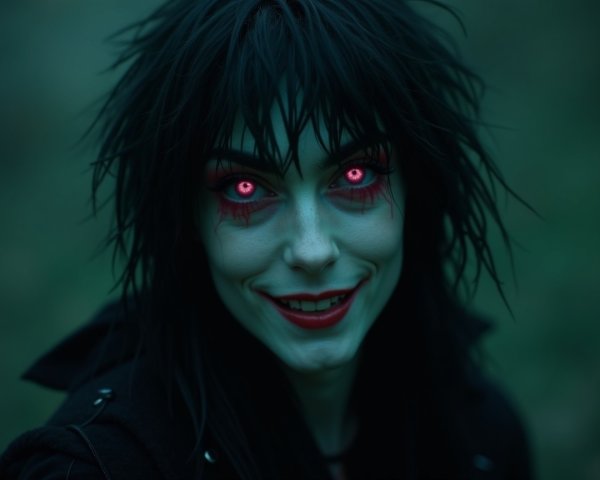 Eerie figure with red eyes and dark makeup in fog