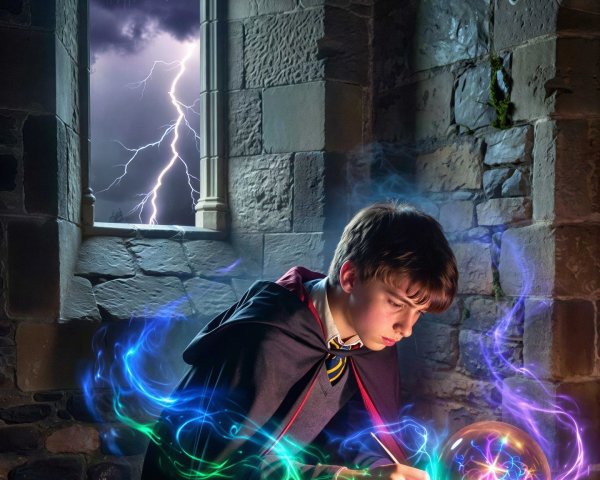 Young wizard writing in an ancient spell book