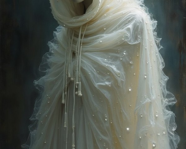 Ethereal Figure in Translucent Cloak with Pearls