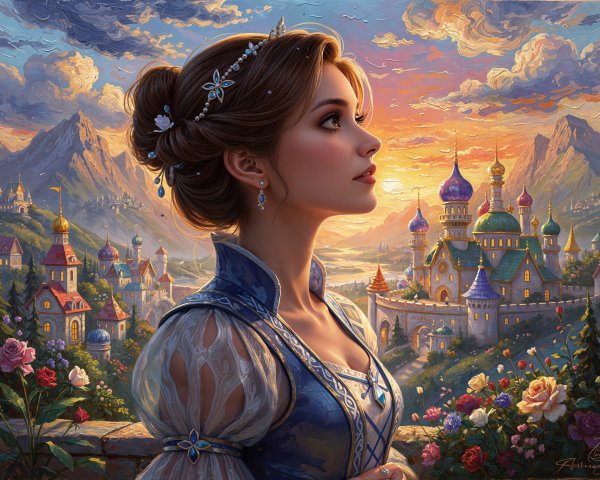 Detailed Digital Painting of a Princess at Sunset