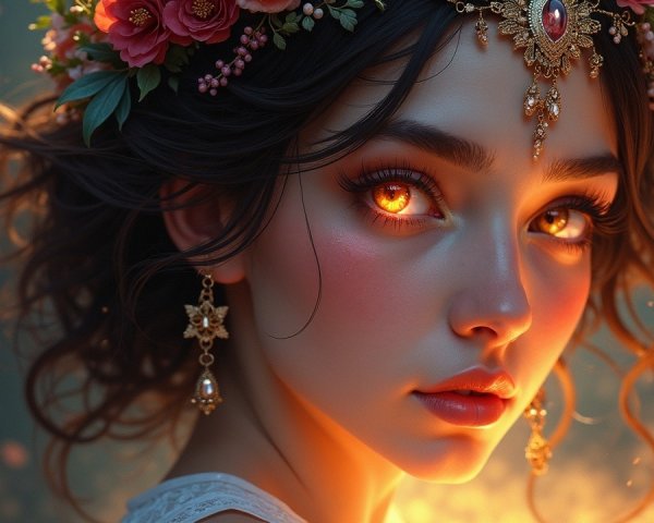 Young woman with floral crown and glowing eyes