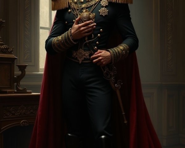 Regal Figure in Elaborate Military Uniform and Cape
