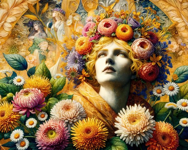 Illustration of a Woman with Floral Crown and Nature