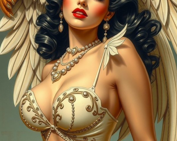 Woman with Feathered Wings and Elegant Lingerie
