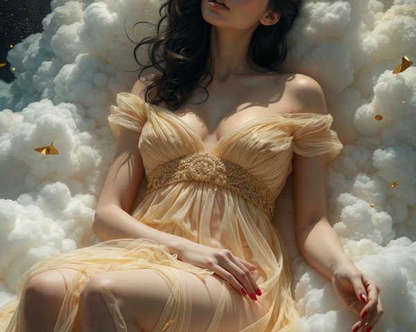Serene Figure in Golden Gown on Cloud with Galaxy Background