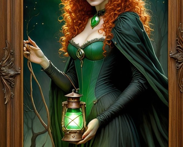 Sorceress in Green Gown with Lantern in Forest