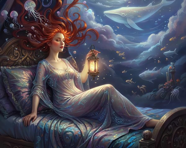 Young Woman with Red Hair and Jellyfish on Bed