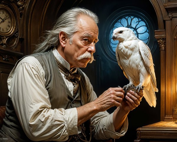 Elderly man with falcon in vintage room setting