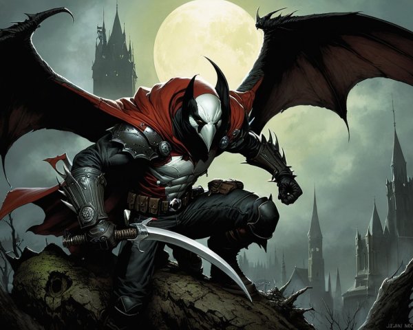 Dark Figure with Wings and Sword Under Full Moon