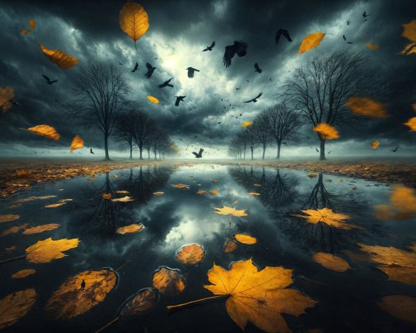 Moody Landscape with Stormy Sky and Autumn Leaves