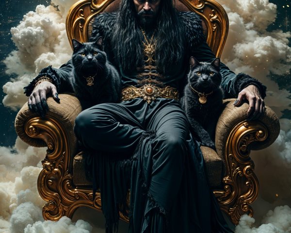 Regal Dark Figure on Lavish Throne with Cats