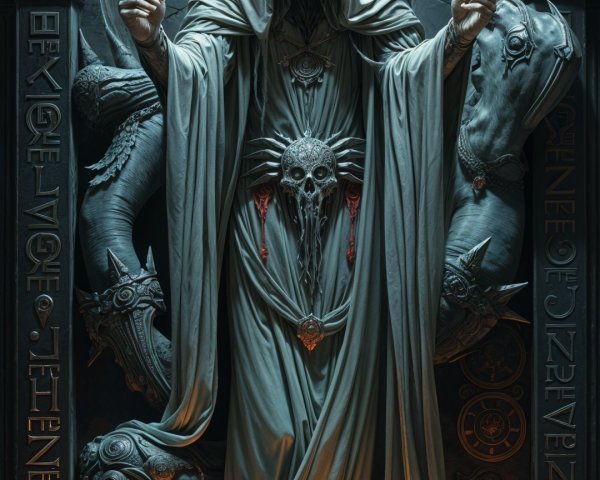 Dark Figure in Cloak with Horse-like Creatures