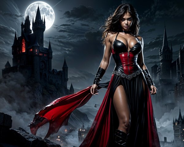 Mysterious Figure in Gothic Castle Under Full Moon