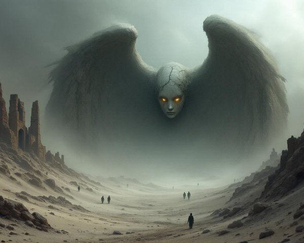 Desolate landscape with ruins and ethereal figure