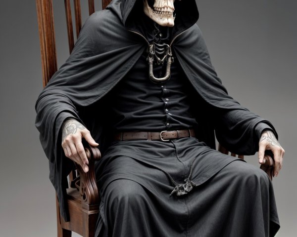 Skeletal Figure in Cloak Sitting in Ornate Chair