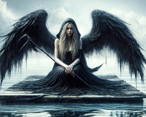 Haunting Figure with Dark Wings on Weathered Dock