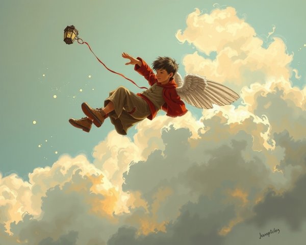 Boy with Wings Soaring Through Pastel Clouds