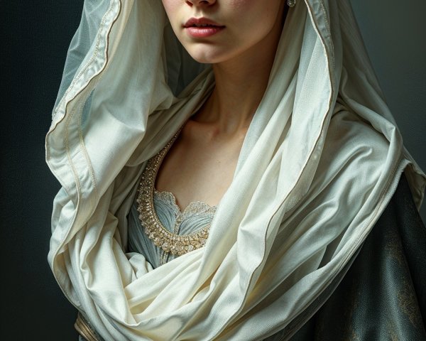 Young Woman in Intricate Garment with Ethereal Scarf