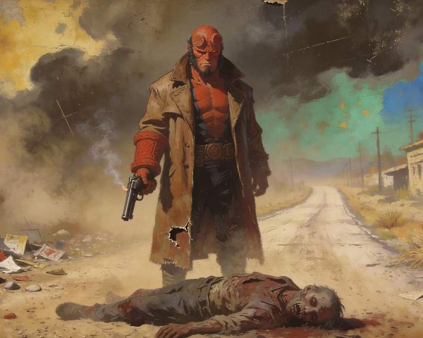Hellboy in Abandoned Town with Zombie and Pistol