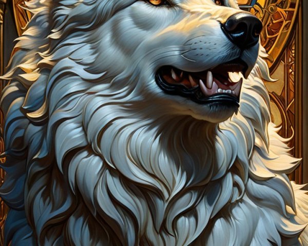 White Wolf in Front of Ornate Stained Glass Window